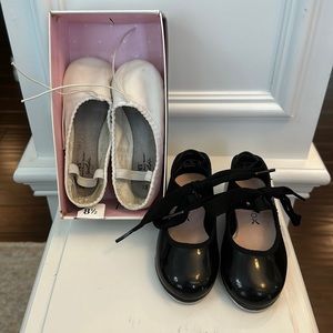 Little Girls size 8.5 white ballet shoes and black tap shoes